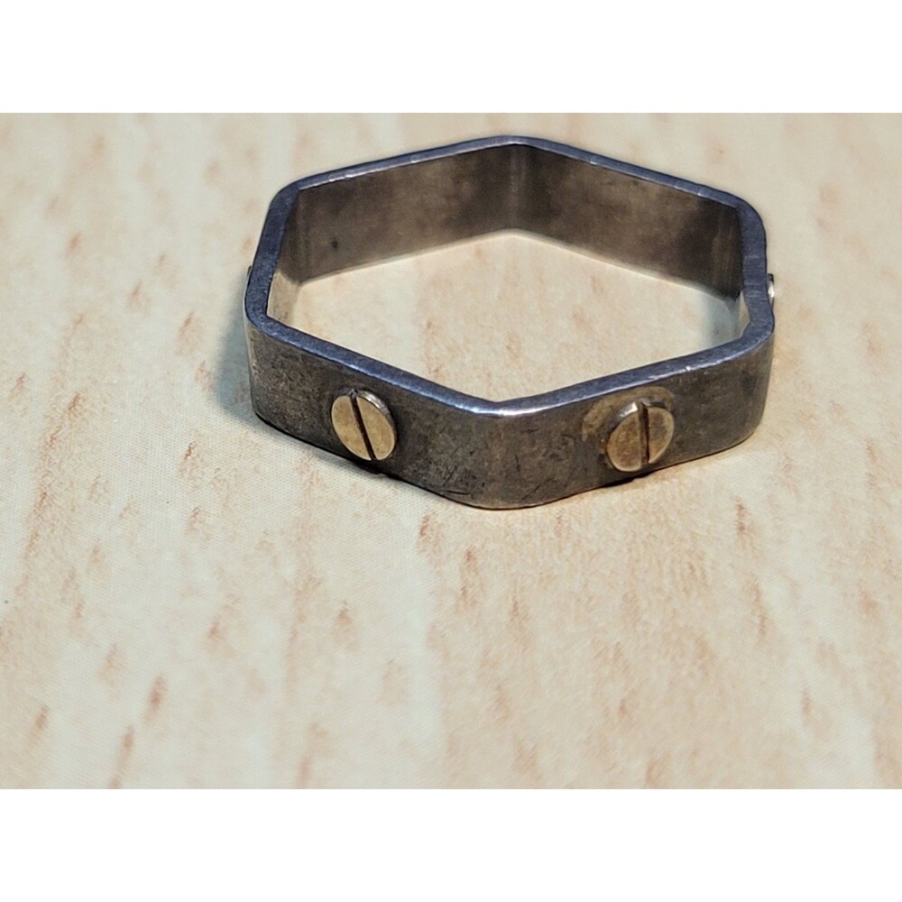 Artisan Made Hexagonal Sterling Ring With 18k Gold Details Size 6 - Picture 2 of 3